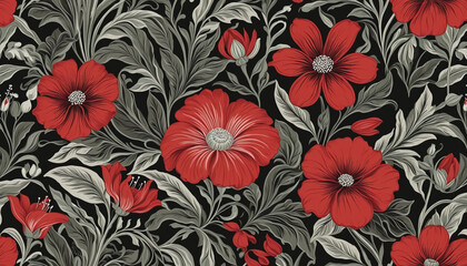 Elegant Victorian Botanical Floral Wallpaper with Red and Black Flowers