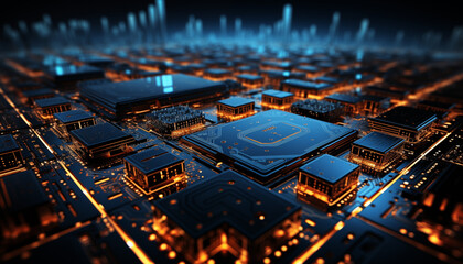 A Detailed Blueprint-Style illustration of a Computer Chip. Instead of Standard Circuit Lines, use Glowing Neural Network Pathways that Weave Between Intricate Microchip Components