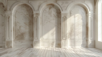 Sunlit Empty Room with Elegant Arched Niches and Weathered Walls