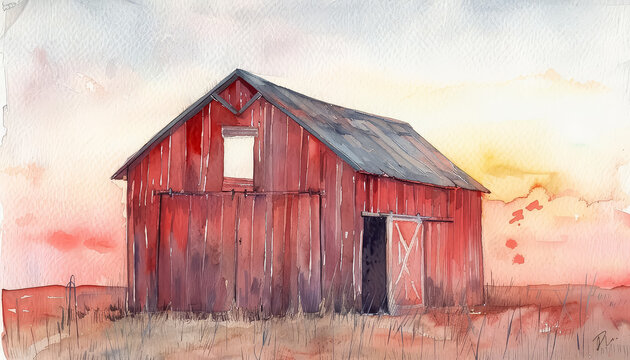 A red barn with a window and a door