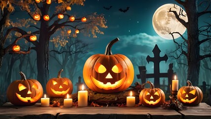 Halloween pumpkin head jack lantern with burning candles, Spooky Forest with a full moon and wooden table, Pumpkins In Graveyard In The Spooky night