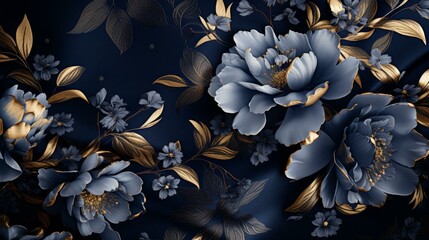 Exquisite floral brocade texture in royal blue and gold hues with high definition quality, perfect for elegant designs.