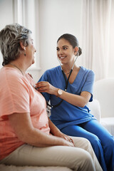 Nurse, woman and stethoscope for senior care, nursing and caregiver with patient for healthcare in...