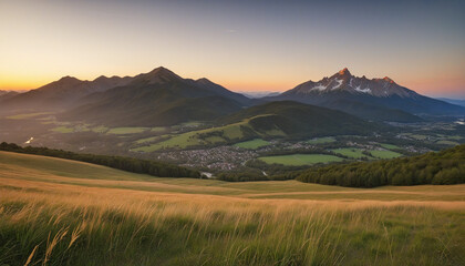 Fototapeta premium Twilight Glow: Generative AI Creates Majestic Mountain Landscape at Sunset