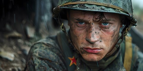 Fototapeta premium Portrait of a young soldier with blue eyes and a dirty face