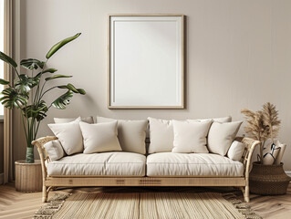 A mockup of a white frame in a minimalist living room with a beige sofa, wooden floor, and a small indoor plant