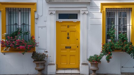 An upmarket white stucco townhouse with a yellow door. Generative AI.
