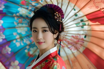 Portrait of a young Korean woman in traditional dress, smiling in front of a colorful umbrella.