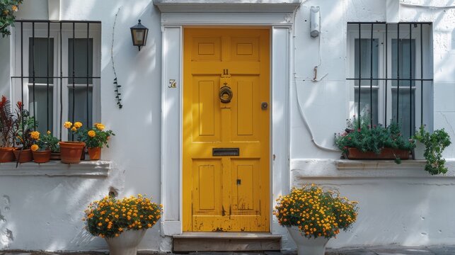 An upmarket white stucco townhouse with a yellow door. Generative AI. - Powered by Adobe