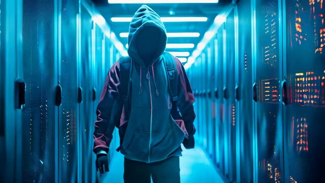 Anonymous hacker in a server room, unauthorized data download and privacy concern concept