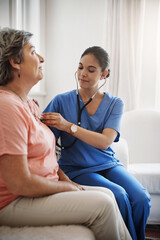 Nurse, woman and stethoscope in elderly house, nursing home and caregiver with patient for heart...