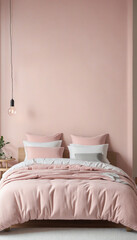 Soft pink minimalist bedroom interior design with cozy and modern furnishings in a trendy apartment setting