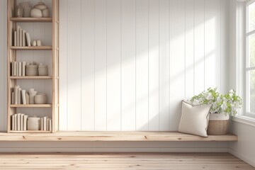 white wood plank wall decorated with wooden shelves