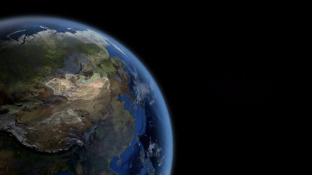 Fly Zoom into Mongolia, Ulaanbaatar, Darkhan,  through space to see the country map region from above from space. Detailed map Showing area, HD and 4K. Animation.