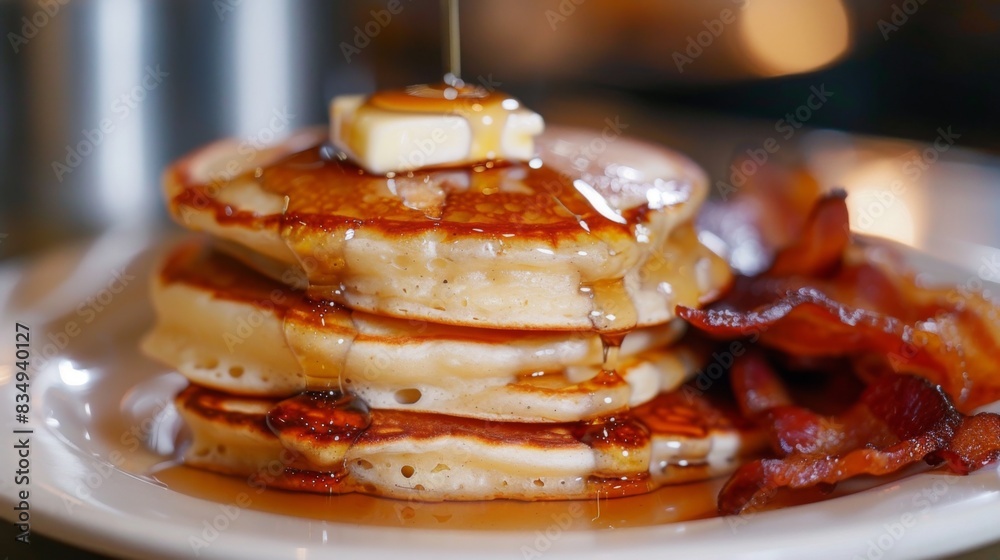 Poster close-up of a stack of fluffy pancakes with maple syrup and a pat of melting butter, served on a whi