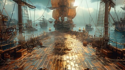 Fototapeta premium A Pirate Ballet Dance Theater Background Scene, a Pirate Ship Deck. Generative AI.
