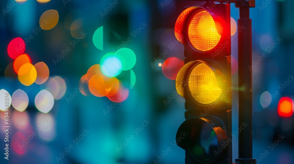 Poster close-up of a traffic light changing from green to yellow, signaling drivers to slow down and prepar