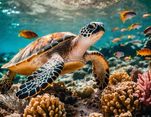 Obraz premium sea turtle swimming.Turtle swimming with a group of colorful fish and sea animals, surrounded by vibrant coral reefs underwater in the ocean.