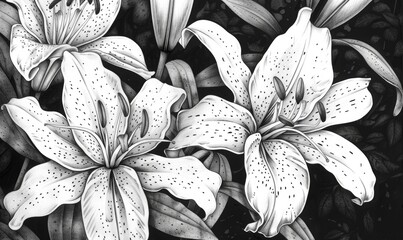 Black and white illustration of lilies