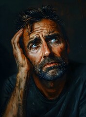 Portrait of a man with dark hair and beard wearing a black shirt