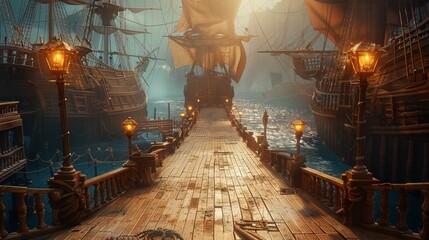 A Pirate Ballet Dance Theater Background Scene, a Pirate Ship Deck. Generative AI.