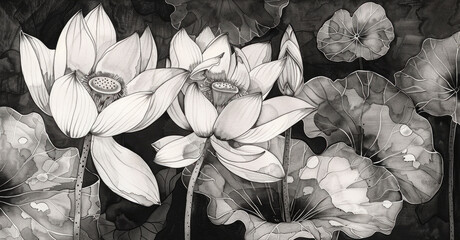 Black and white illustration of lots flowers