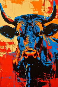 a taurus, red, blue, black, pop art, --ar 2:3 --sref https://cdn.midjourney.com/200af42c-c6a5-40f9-b9fc-c1b5dd14ab0a/0_1.png Job ID: e64fb927-a6e7-4307-8c4e-a5229c801c7a
