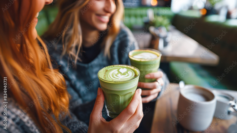 Wall mural two best friends having fun and holding cups of green matcha latte in cafe. friends enjoying trendy 