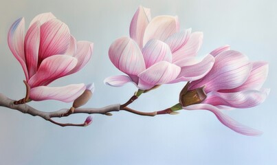 Magnolias in colored pencils, soft gradients, vibrant hues