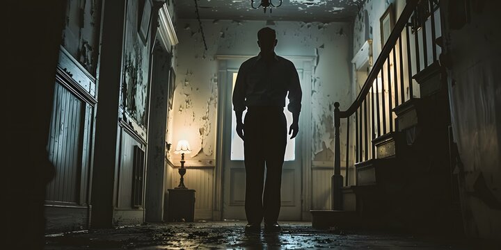 A man standing in a dark hallway