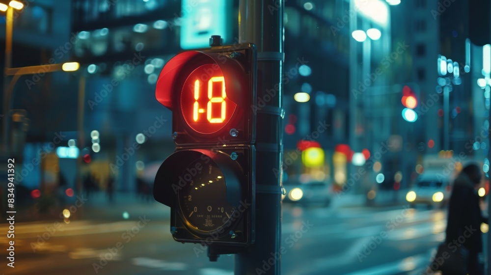 Poster Close-up of a traffic light with a countdown timer, indicating the seconds remaining until the light changes, helping pedestrians gauge when to cross the street.