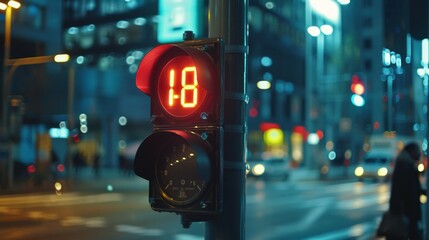 Close-up of a traffic light with a countdown timer, indicating the seconds remaining until the light changes, helping pedestrians gauge when to cross the street.