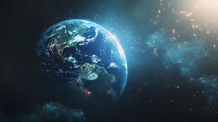 Fototapeta premium A digital illustration of Planet Earth surrounded by interconnected global network lines against a futuristic background.