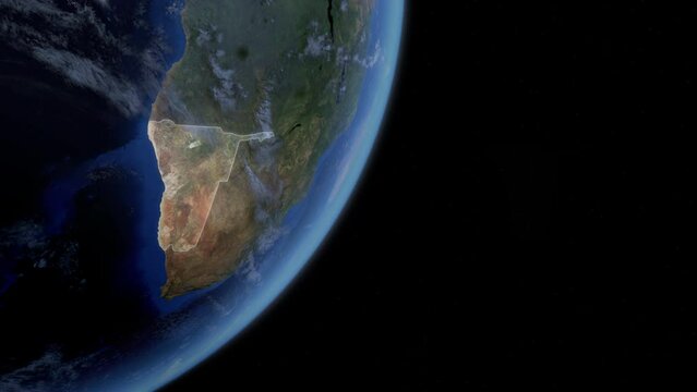 Fly Zoom into Namibia, Windhoek, through space to see the country map region from above from space. Detailed map Showing area, HD and 4K. Animation.