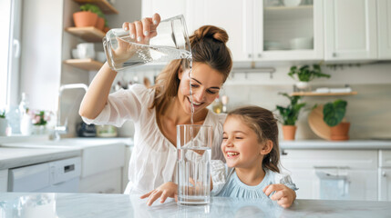 Young beautiful mother and little girl drinking fresh pure water from glasses in kitchen Happy mom and daughter holding glasses with water. Eating habits, water filter advertisement, healthy nutrition