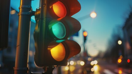 Close-up of a traffic light with a sensor for detecting approaching vehicles, ensuring efficient traffic flow and safety at busy intersections.