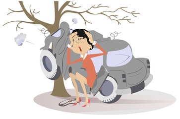 Road accident. Broken car.  Woman in shock.
Upset woman seats near a car which crashed into a tree
