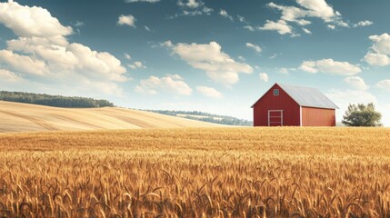 A lone red barn stands in a field of golden wheat, with a blue sky and fluffy white clouds in the background