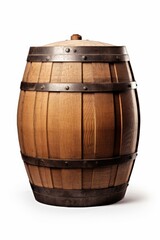 Obraz premium A wooden barrel with metal bands sits on a white background. The barrel is made of light brown wood and has a rounded shape