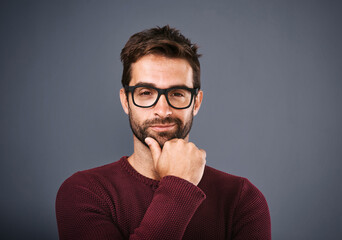 Studio, glasses and man with vision, portrait and wellness with eye care, product and smile for...