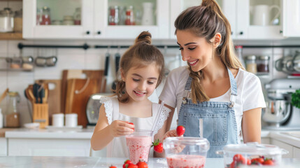 Little girl and her beautiful mother making strawberry smoothie with blender in the kitchen. diet, detox and Healthy food concept. Happy caucasian family blending fresh berries and making smoothie