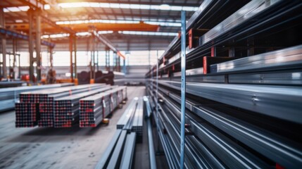 A wide shot of stacked steel tubing in a warehouse, with sunlight streaming through the windows