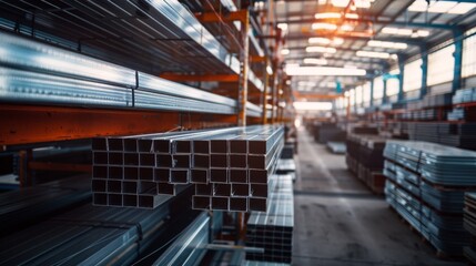 A close-up shot of square steel tubing stacked in a warehouse. The metal is neatly arranged in rows on shelves