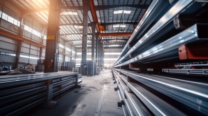 Obraz premium A large industrial warehouse with rows of stacked metal beams in the foreground. Sunlight streams through the large windows in the background, illuminating the space