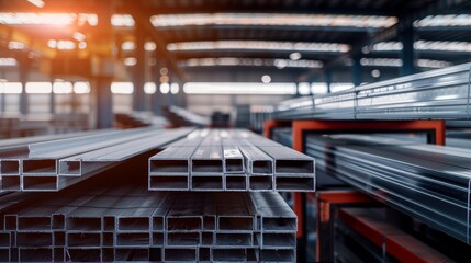 Close-up of stacked steel tubing in a manufacturing facility, highlighting the structural components used for construction projects