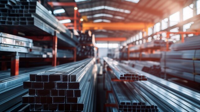 A close-up view of steel square tubing stored in a warehouse inventory