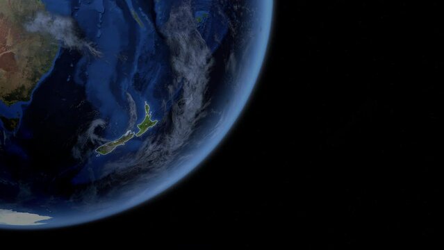 Fly Zoom into New Zealand, Wellington, Auckland, through space to see the country map region from above from space. Detailed map Showing area, HD and 4K. Animation.