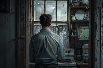 Naklejka premium Man looking out the window in an old kitchen