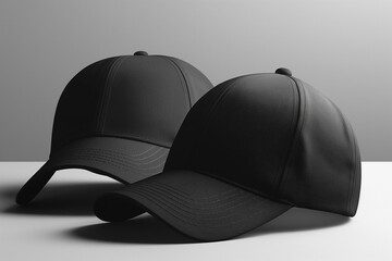 black baseball cap, Elevate your cap designs with this sleek and professional mockup featuring two black baseball caps neatly arranged on a minimalist grey table background