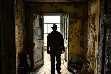 Man in a hat standing in a doorway of an abandoned house